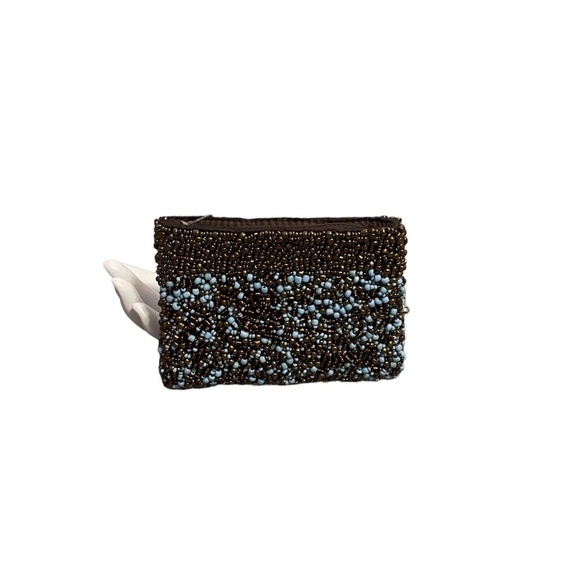 Beaded sky blue and brown beads clutch, Size 8 by 5 - Picture 2 of 8
